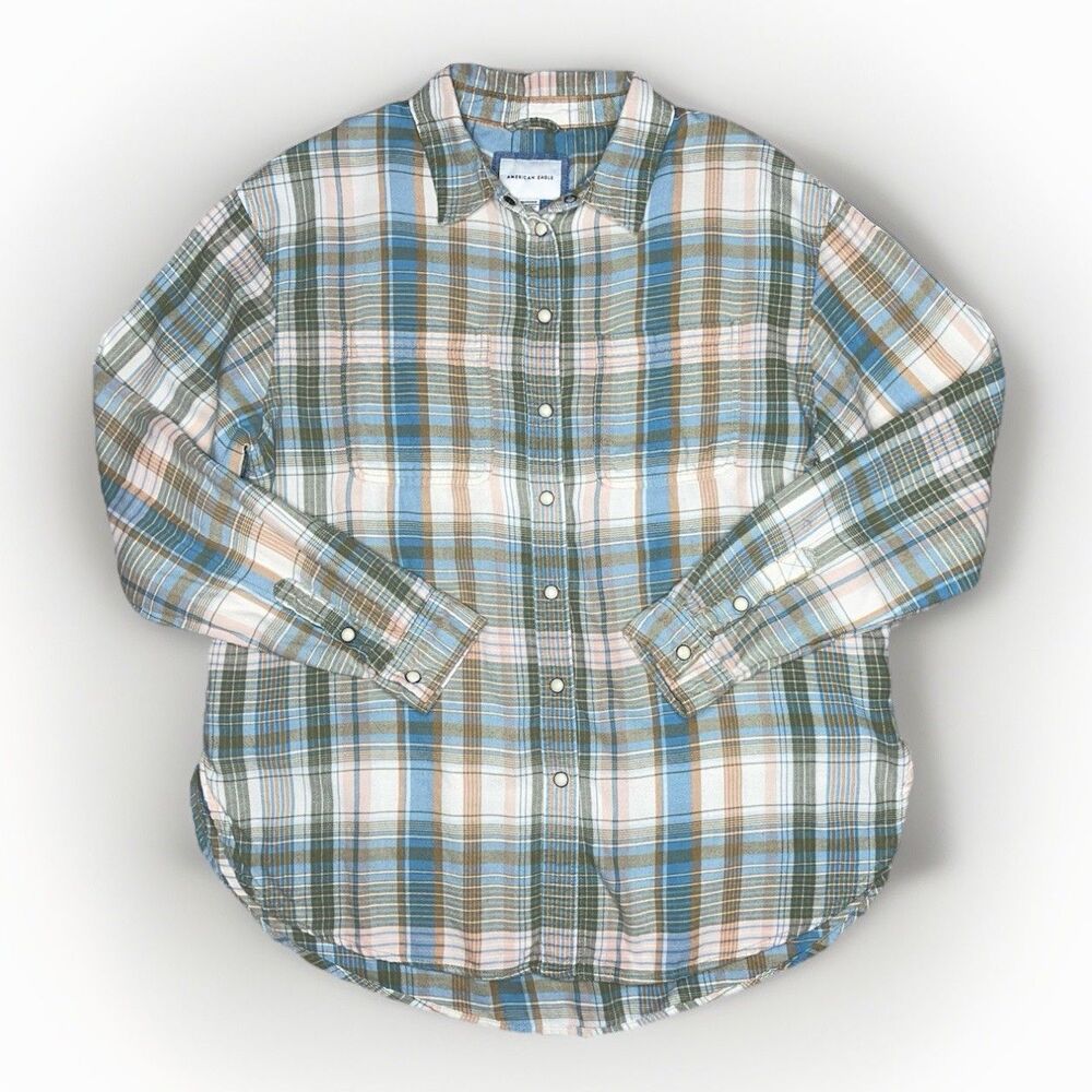 American Eagle Pearl Snap Flannel Shirt Women XS Green Cream Plaid Western Rodeo